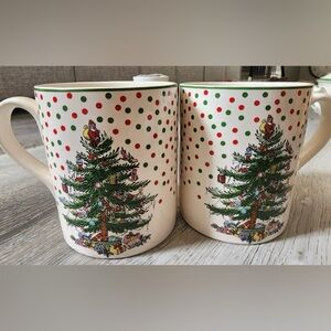 Spode Christmas Tree - red and green polka dot mugs - free shipping - set of 2
